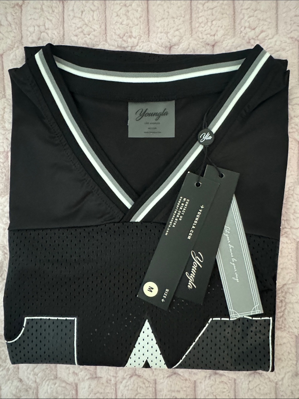 YoungLA Black Mesh V-Neck Athletic Jersey with White Trim